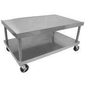 A stainless steel equipment stand with two flat rectangular shelves and four swivel caster wheels. The simple, open-frame design makes it ideal as a commercial kitchen equipment stand or foodservice workstation. Displayed empty on a white background.