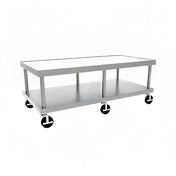 A stainless steel equipment stand utility cart with two flat rectangular shelves, four vertical supports, and four large black caster wheels with white accents, all set against a plain white background. The cart has an industrial, minimalist design.
