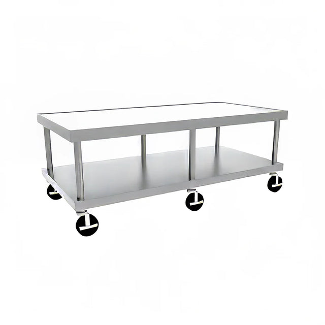 A stainless steel equipment stand utility cart with two flat rectangular shelves, four vertical supports, and four large black caster wheels with white accents, all set against a plain white background. The cart has an industrial, minimalist design.