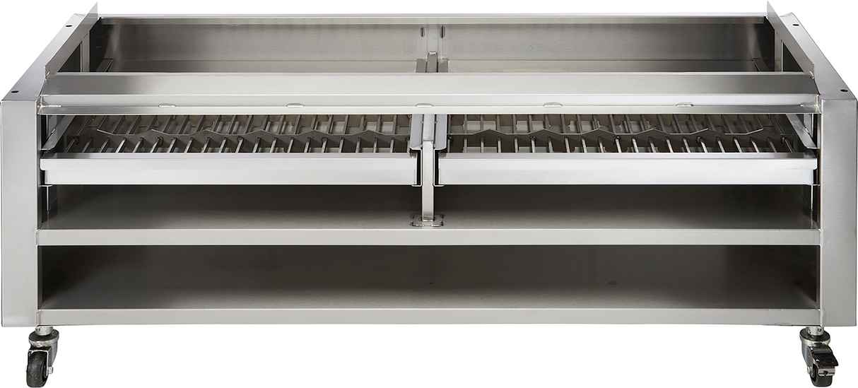 A large, stainless steel commercial grill with two grilling sections, adjustable racks, and open shelving beneath. Its stainless steel construction and removable steel wood racks make it ideal for heavy-duty cooking with mobility and modern style.