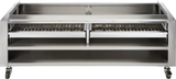A large, stainless steel commercial grill with two grilling sections, adjustable racks, and open shelving beneath. Its stainless steel construction and removable steel wood racks make it ideal for heavy-duty cooking with mobility and modern style.