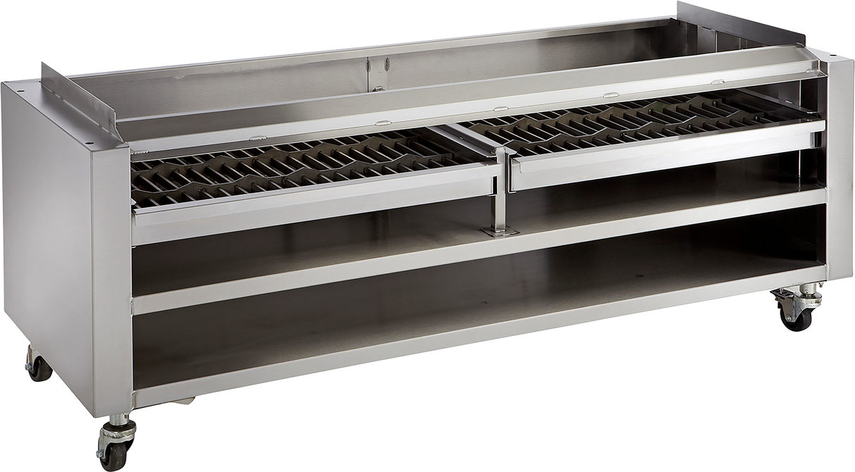 Stainless steel construction commercial kitchen equipment on wheels with removable steel wood racks, featuring two grated racks, a top recessed section, and two open shelves below. Ideal for food prep or use as a wood assist smoker in industrial settings.