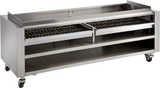 Stainless steel construction commercial kitchen equipment on wheels with removable steel wood racks, featuring two grated racks, a top recessed section, and two open shelves below. Ideal for food prep or use as a wood assist smoker in industrial settings.