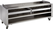 Stainless steel construction commercial kitchen equipment on wheels with removable steel wood racks, featuring two grated racks, a top recessed section, and two open shelves below. Ideal for food prep or use as a wood assist smoker in industrial settings.