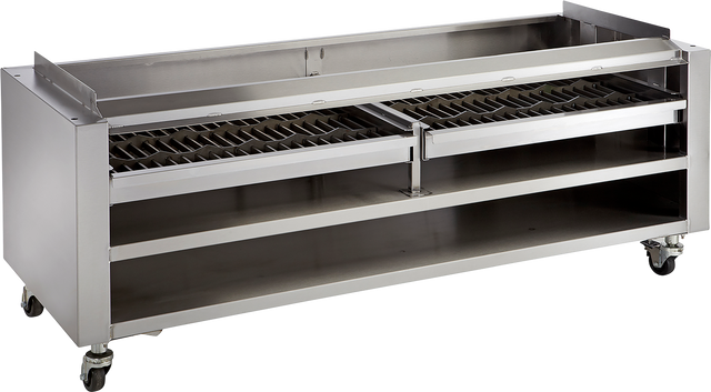 Stainless steel construction commercial kitchen equipment on wheels with removable steel wood racks, featuring two grated racks, a top recessed section, and two open shelves below. Ideal for food prep or use as a wood assist smoker in industrial settings.
