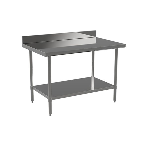 The MixRite Work Table features a flat stainless steel top, raised backsplash, sturdy legs, and a lower storage shelf. Its clean, industrial design makes this NSF work table perfect for any kitchen or workshop environment.