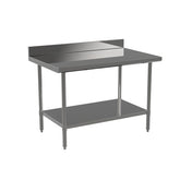 The MixRite Work Table features a flat stainless steel top, raised backsplash, sturdy legs, and a lower storage shelf. Its clean, industrial design makes this NSF work table perfect for any kitchen or workshop environment.