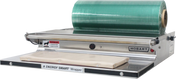A commercial Energy Smart Table Top Wrap Station with a stainless steel wrapping surface, a large green film cradle mount, heated metal sealing plate, labeled “Hobart,” and a caution for hot surfaces.