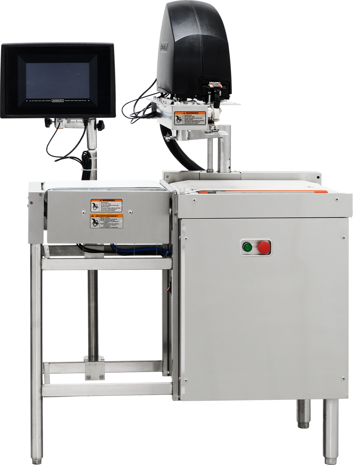 A Hobart stainless steel industrial checkweigher with a conveyor belt, digital display screen on the left, and black equipment housing on top. Warning labels and control buttons are visible. The sturdy stainless steel construction stands on metal legs.