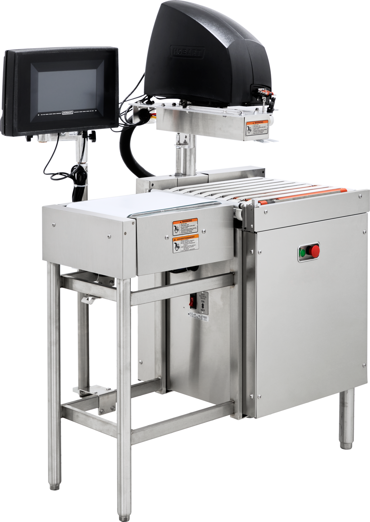 A Hobart stainless steel industrial checkweigher machine features durable stainless steel construction, a display screen on the left, center conveyor belt, right control buttons, and is set on a metal frame with visible wiring and warning labels.