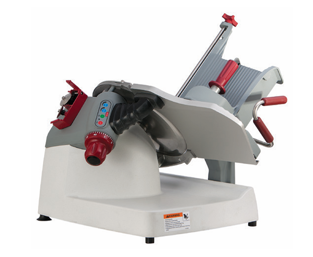 A commercial Berkel X13AE-PLUS Premium Food Slicer featuring a slanted 13" stainless steel knife, red and gray handles, control buttons, and safety guards. The slicer is angled to display its sharp blade and adjustable thickness guide.
