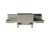 A stainless steel, gas-fired, double deck countertop conveyor oven with a digital control panel on the right side, mesh conveyor belt, and labeled Middleby Marshall and X26 on the front, set against a plain white background.