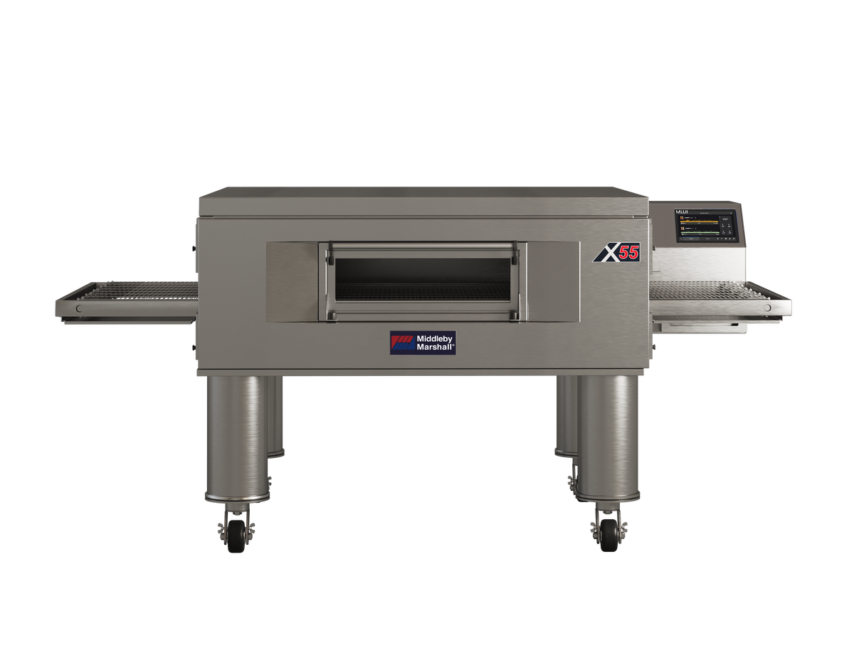 A large, stainless steel Middleby Marshall X55G gas fired conveyor oven with a glass front window, digital touchscreen control panel on the right, and conveyor belts on both sides. The oven stands on four cylindrical legs with wheels.