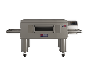 A large, stainless steel Middleby Marshall X55G gas fired conveyor oven with a glass front window, digital touchscreen control panel on the right, and conveyor belts on both sides. The oven stands on four cylindrical legs with wheels.