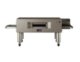A stainless steel Middleby Marshall X70G natural gas conveyor oven with a front window, right-side control panel, mesh conveyor belts on both sides, four base wheels, branded labels, and energy-saving features is isolated on a white background.