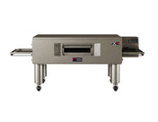 A stainless steel Middleby Marshall X70G natural gas conveyor oven with a front window, right-side control panel, mesh conveyor belts on both sides, four base wheels, branded labels, and energy-saving features is isolated on a white background.