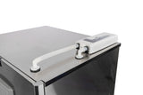 A white XSafe Sanitation System water filtration device with two connected hoses is mounted on top of a Scotsman modular cube ice machine against a plain white background. One hose enters the appliance, while the other connects to the filter unit.