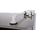 A close-up of two white plastic conduit pipes connected to a rectangular junction box on top of a stainless steel surface, similar to those used in Scotsman modular cube ice machines with the XSafe Sanitation System. The background is plain white.