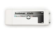 A rectangular white device labeled Scotsman XSafe Sanitation System features a status panel with blue, red, and flashing red indicators for normal operation, lamp replacement, and service required. Two gray connectors are visible on the right side.