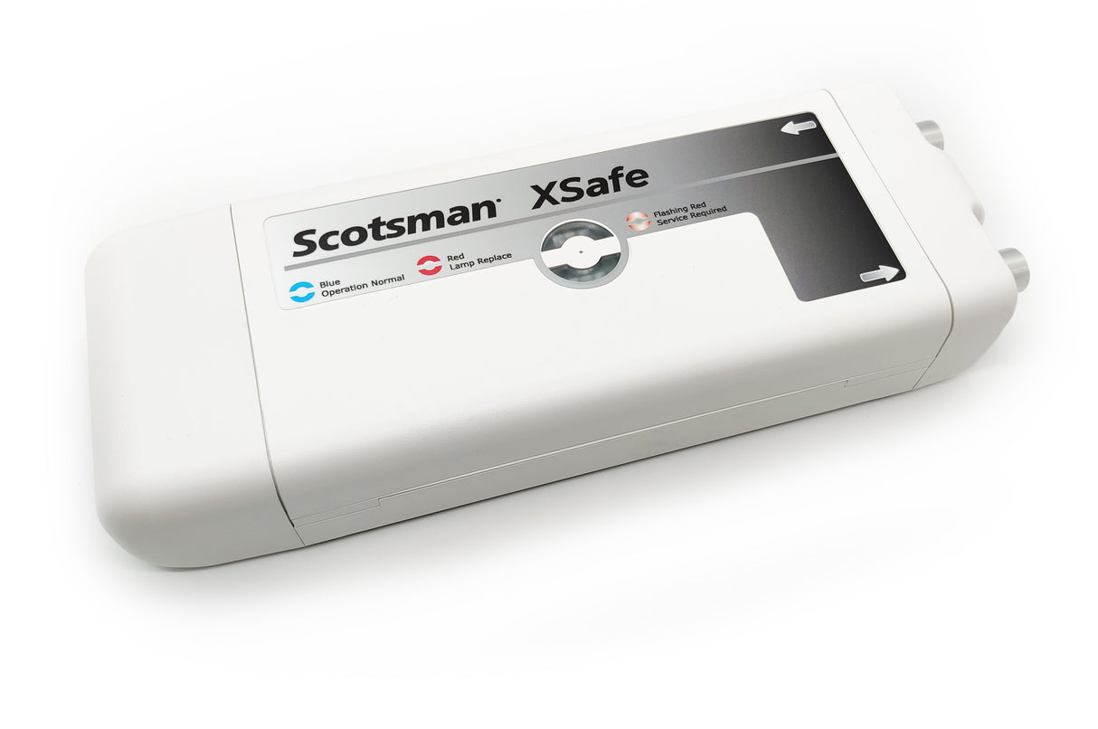 A white rectangular Scotsman XSafe Sanitation System device with rounded edges and a smooth surface features a gray display panel showing blue, red, and orange lights for status—ideal for modular cube ice machines.