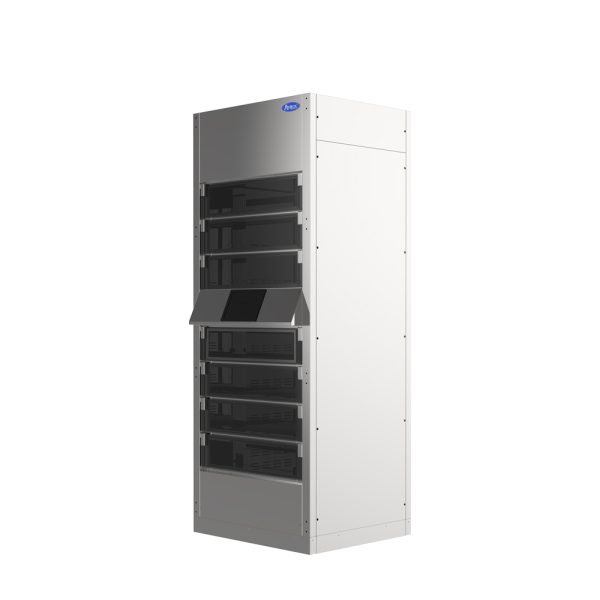 A tall, rectangular, metallic server rack resembling an Atosa YBF9271 Heated Food Locker features multiple black front panel slots and a central control screen. The modern, industrial unit is white and silver, standing against a white background.