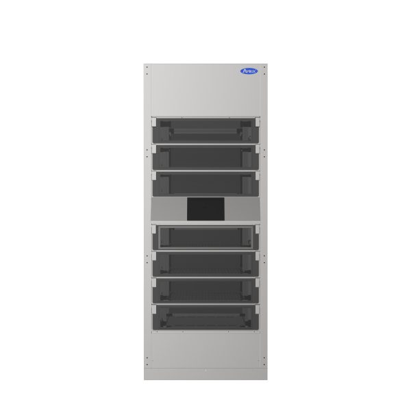 A tall, rectangular, gray metal unit with multiple dark horizontal vents and a small control panel in the center. The unit features a blue Carrier logo at the top right and resembles a Heated Food Locker or HVAC equipment.