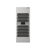 A tall, rectangular, gray metal unit with multiple dark horizontal vents and a small control panel in the center. The unit features a blue Carrier logo at the top right and resembles a Heated Food Locker or HVAC equipment.