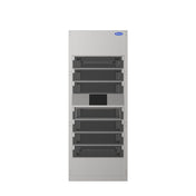 A tall, rectangular, gray metal unit with multiple dark horizontal vents and a small control panel in the center. The unit features a blue Carrier logo at the top right and resembles a Heated Food Locker or HVAC equipment.