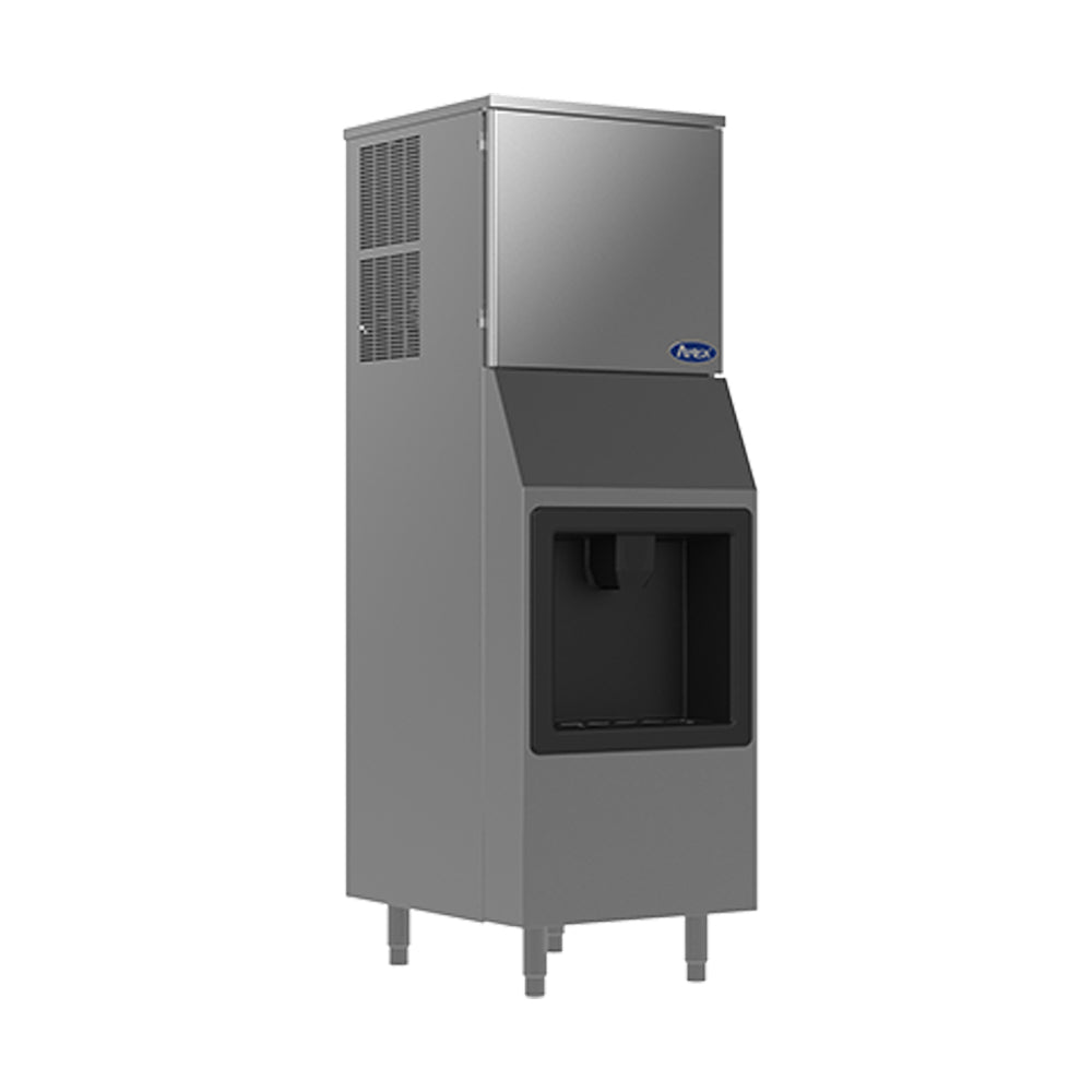 A commercial stainless steel ice machine with a square upper ice storage section and a sloped lower dispensing area. This unit, capable of 350 lb ice production, stands on four legs and features a push lever for dispensing cube ice under the chute.