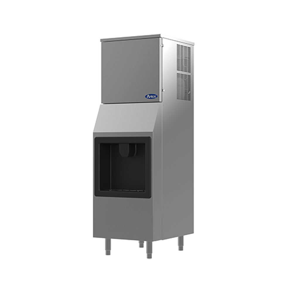 A commercial ice machine with a tall, rectangular, stainless steel body produces up to 350 lb of cube ice. The upper section is the ice maker, while the open-front lower bin offers easy access. The unit stands securely on four metal legs.