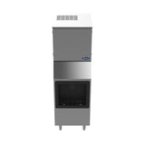 A commercial ice machine with a stainless steel exterior and front view. The upper section has a vented panel and a small blue logo. This model offers 350 lb ice production of cube ice, with a black dispensing area and open compartment below.