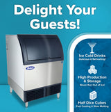 A commercial stainless steel ice maker stands on a blue background. Large white text above reads, “Delight Your Guests!” To the right, icons highlight Ice Cold Drinks, High Production & Storage, and Half Dice Cubes with brief descriptions.