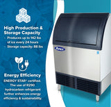 A cube-style ice machine with a black lid and silver body is shown. Text highlights its features: produces up to 142 lbs of ice daily, stores 88 lbs, is ENERGY STAR certified, and uses R290 refrigerant. Blue background with icons.