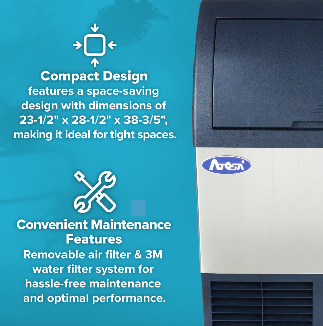 A partial view of a commercial cube-style ice machine with a blue and white front panel. Text highlights compact design and easy maintenance with a removable air filter, water filter system, and feature icons.