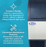 A partial view of a commercial cube-style ice machine with a blue and white front panel. Text highlights compact design and easy maintenance with a removable air filter, water filter system, and feature icons.