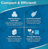 Infographic on cube-style ice machine features: top left “High Production & Storage”—makes 142 lbs daily, stores 88 lbs; top right “Ice Scoop Included”; bottom left “Half Diced Cube”—3/8” x 7/8”; bottom right “Energy Efficiency”—ENERGY STAR certified.