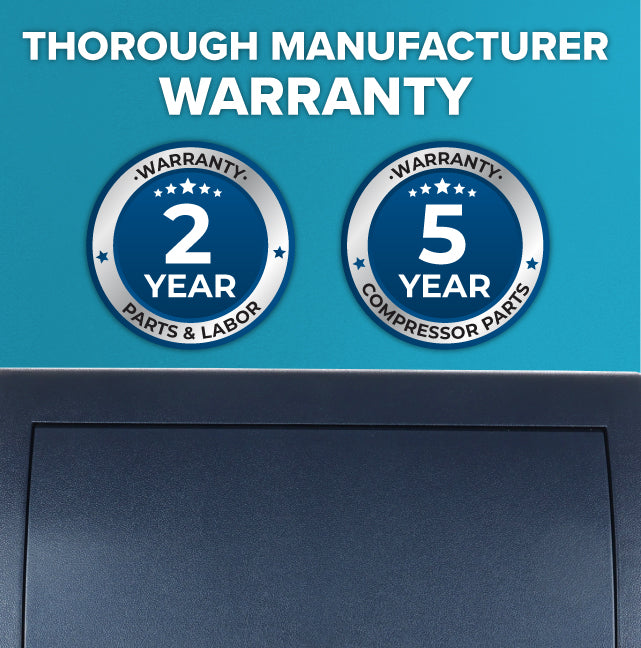 The image shows a blue background with two circular warranty badges above a dark stainless steel ice maker. The left badge reads “2 YEAR WARRANTY, PARTS & LABOR,” and the right reads “5 YEAR WARRANTY, COMPRESSOR PARTS.”.