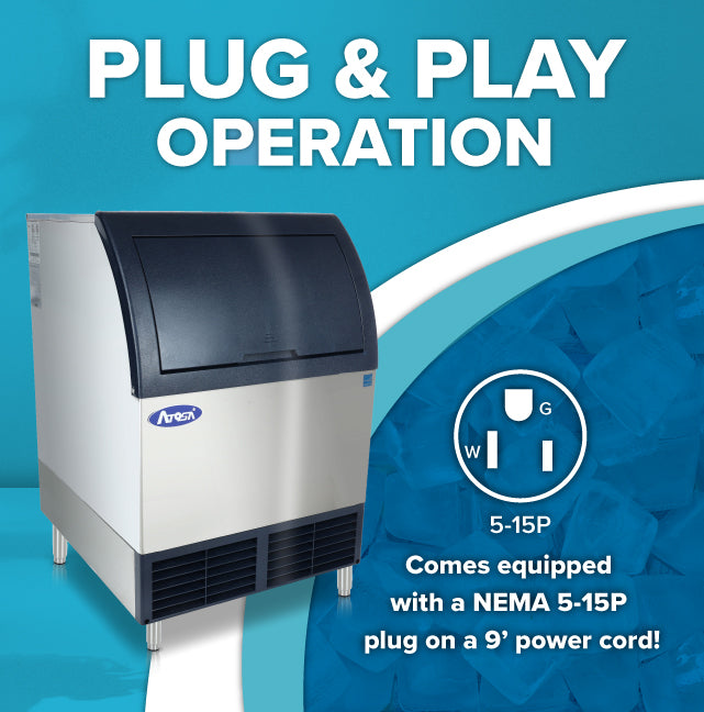 A silver and black cube-style ice machine is shown on a blue background with ice cubes. Text reads “PLUG & PLAY OPERATION,” with a diagram of a NEMA 5-15P plug and note: “Comes equipped with a NEMA 5-15P plug on a 9’ power cord!”.