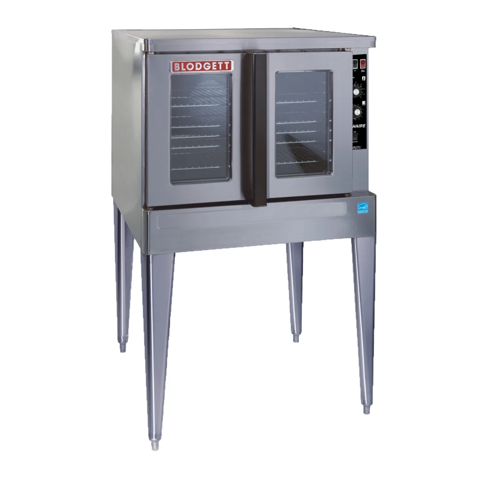 A Blodgett ZEPH-100-E Zephaire Convection Oven, this commercial electric single-deck oven features two glass-front doors, a right-side control panel, and visible interior racks. The red Blodgett label sits above the doors on its tall legs.
