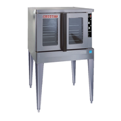 A Blodgett ZEPH-100-E Zephaire Convection Oven, this commercial electric single-deck oven features two glass-front doors, a right-side control panel, and visible interior racks. The red Blodgett label sits above the doors on its tall legs.