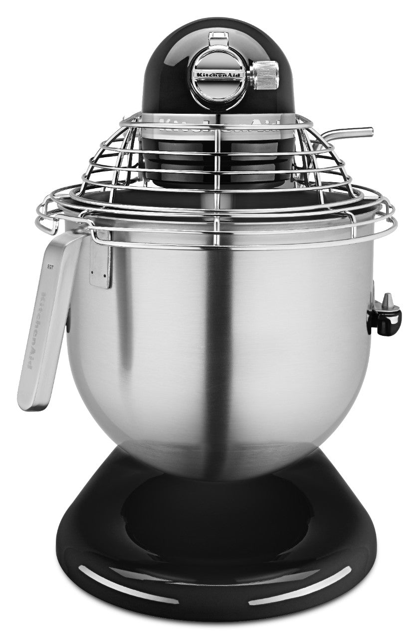 A KitchenAid Commercial Stand Mixer featuring PowerCore technology, this model includes a large 8 quart bowl, wire safety guard, and black base. The stainless steel mixer head has speed control and a metal attachment hub on top.