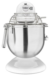 A white KitchenAid Commercial Stand Mixer with a large stainless steel mixing bowl and metal safety guard. This 8 quart stand mixer features a tilt-head design, control lever on the side, and sits on a glossy white base.