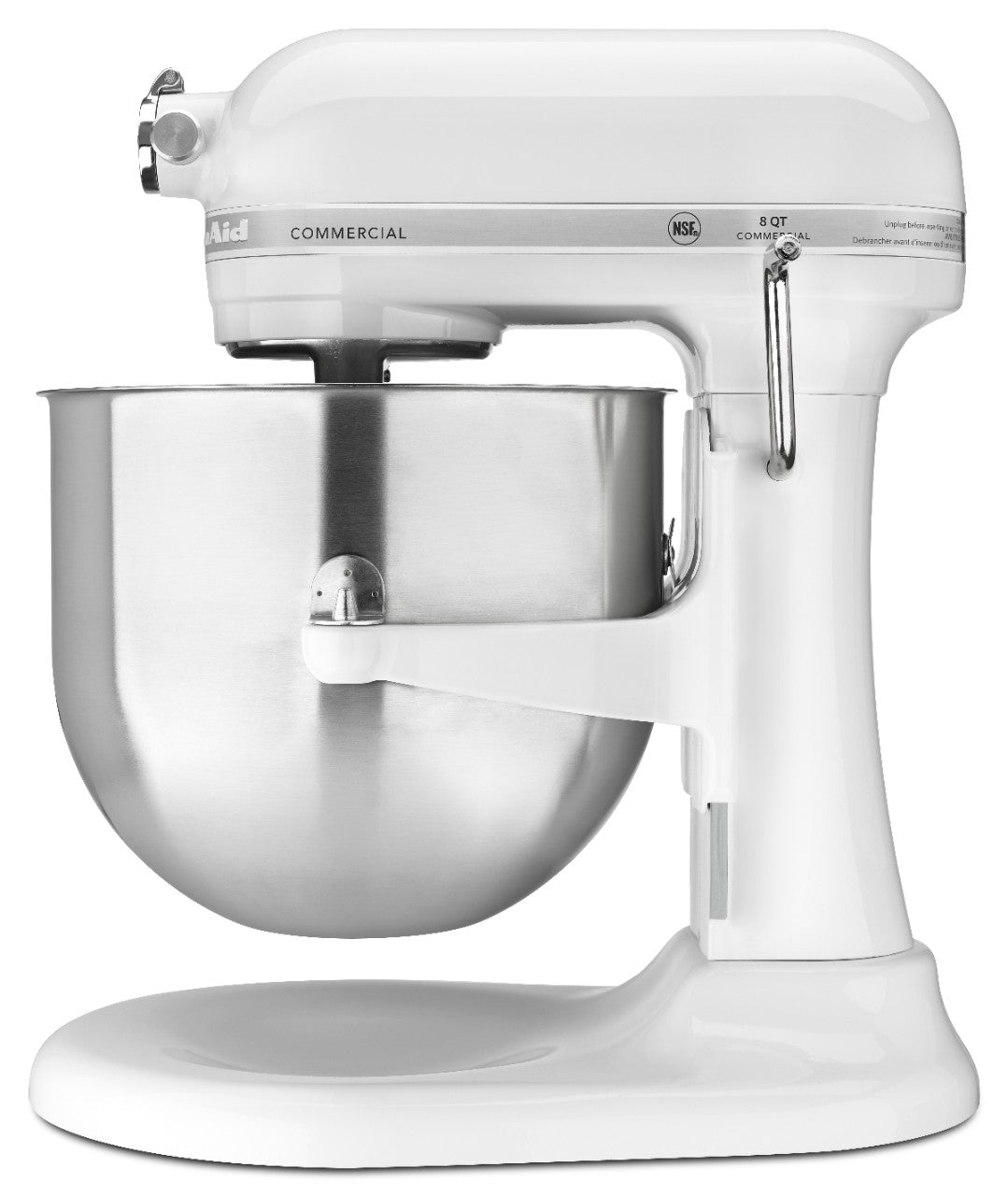 A white KitchenAid Commercial Stand Mixer with an 8 quart bowl and stainless steel mixing bowl attached. The curved, retro design features a side control lever, visible branding and measurement labels, all set on a solid white base.