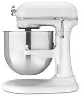 A white KitchenAid Commercial Stand Mixer with an 8 quart bowl and stainless steel mixing bowl attached. The curved, retro design features a side control lever, visible branding and measurement labels, all set on a solid white base.