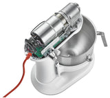 A KitchenAid Commercial Stand Mixer with its motor and PowerCore technology exposed is shown above a large 8 quart bowl. The white mixer’s internal gears and red power cord are visible, highlighting the inside view of its mechanism.