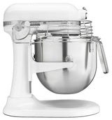 A white KitchenAid Commercial Stand Mixer with an 8 quart bowl, stainless steel mixing bowl, and a metal safety guard. Featuring a tilt-head design, speed control dial, sturdy base, and a handled bowl that attaches securely to the mixer.