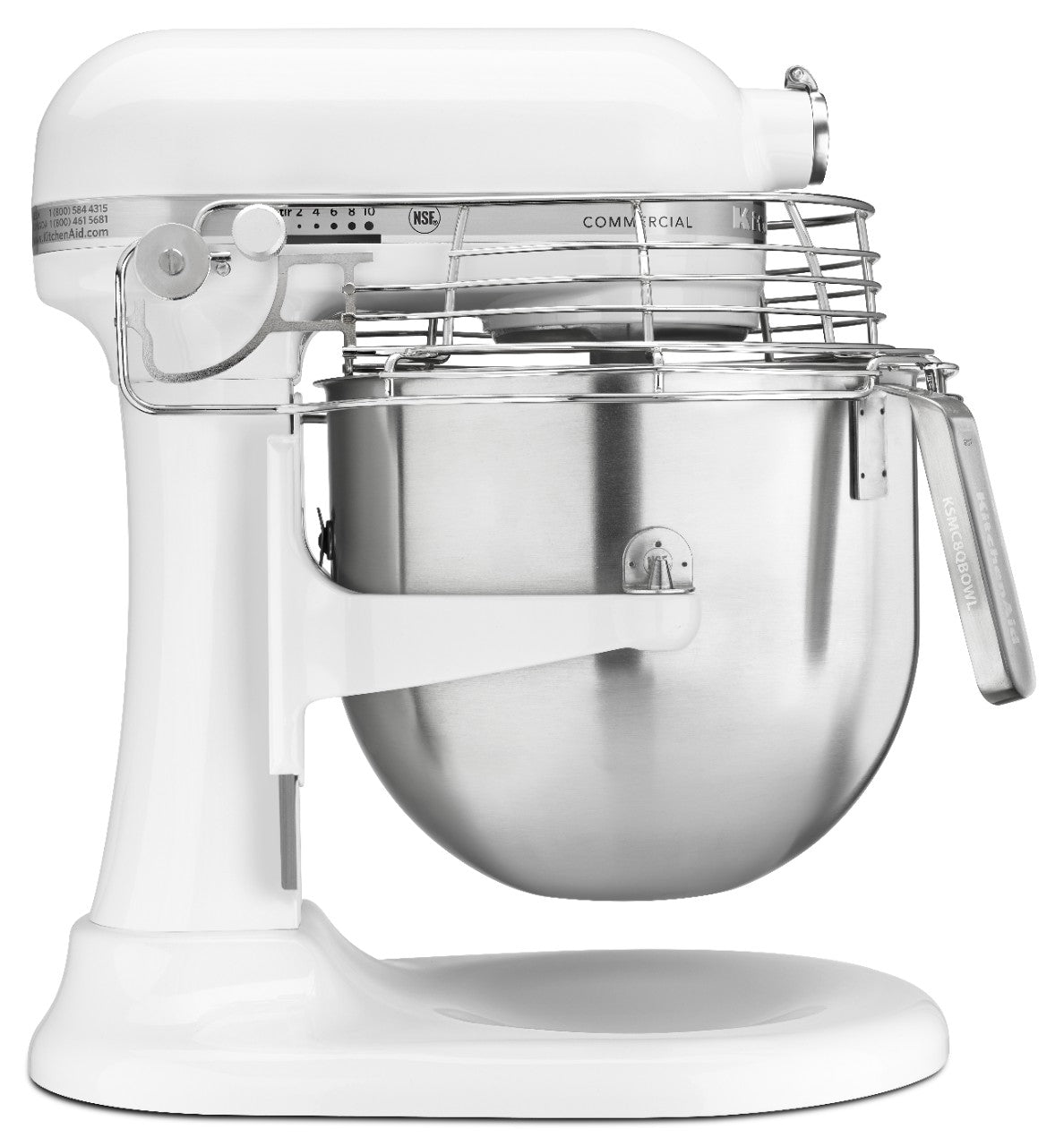 A sleek, modern 8 quart stand mixer with a stainless steel bowl and metal wire guard. Featuring a side lever and speed dial, this commercial stand mixer keeps the bowl securely attached to the base for reliable performance.