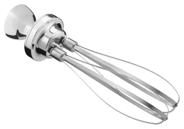 A shiny metal KitchenAid Commercial whisk attachment with two wire beaters and a cylindrical connector, designed to be attached to an electric mixer. The whisk is photographed against a plain white background.