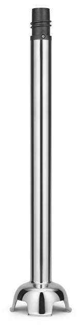 A KitchenAid immersion blender shaft with a black plastic top, long cylindrical stainless steel body, and a bell-shaped blade guard at the base stands upright against a white background.