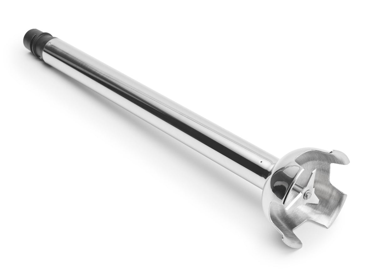 A 12 inch stainless steel blending arm for the KitchenAid Commercial Immersion Blender, featuring a covered blade partially protected by a metal guard and a black attachment point, perfect for safe, heavy duty immersion blending.